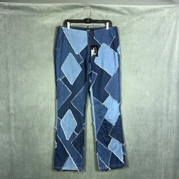 JADED London Jeans Womens 32 Blue Diamond Patchwork Extreme Low Rise Y2K Style - Picture 1 of 12